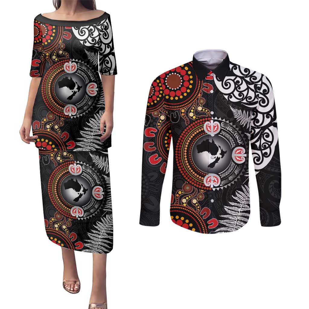 Australia and New Zealand Together Couples Matching Puletasi and Long Sleeve Button Shirt Aboriginal and Maori Art Tattoo