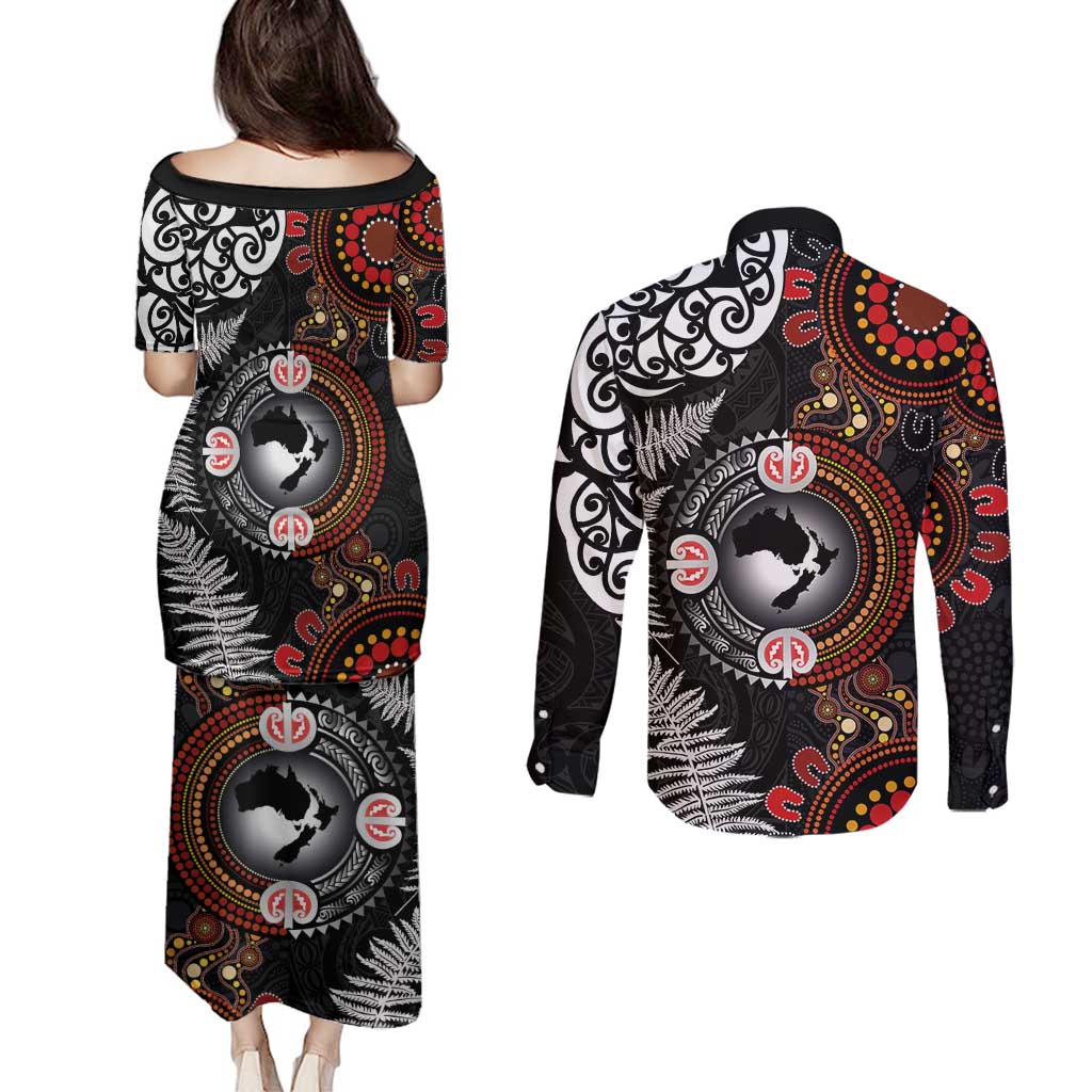 Australia and New Zealand Together Couples Matching Puletasi and Long Sleeve Button Shirt Aboriginal and Maori Art Tattoo
