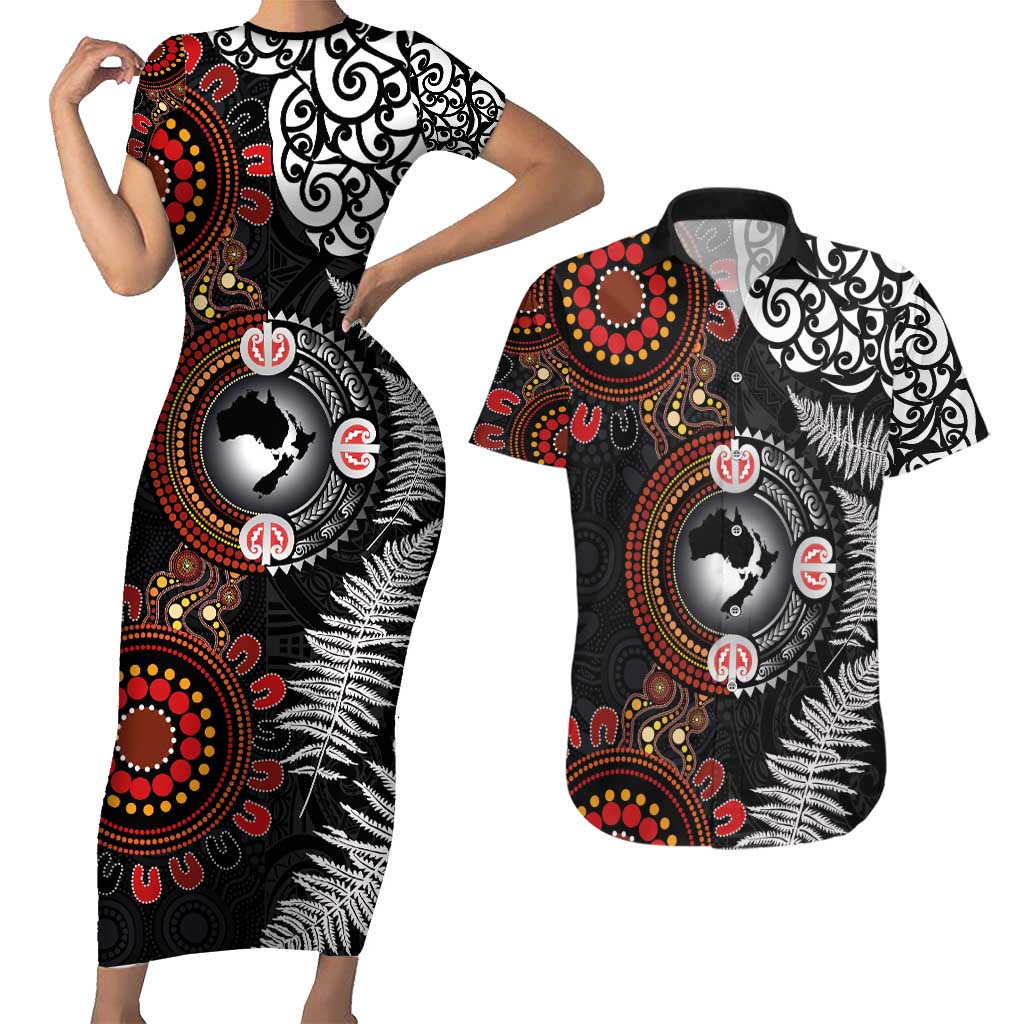 Australia and New Zealand Together Couples Matching Short Sleeve Bodycon Dress and Hawaiian Shirt Aboriginal and Maori Art Tattoo