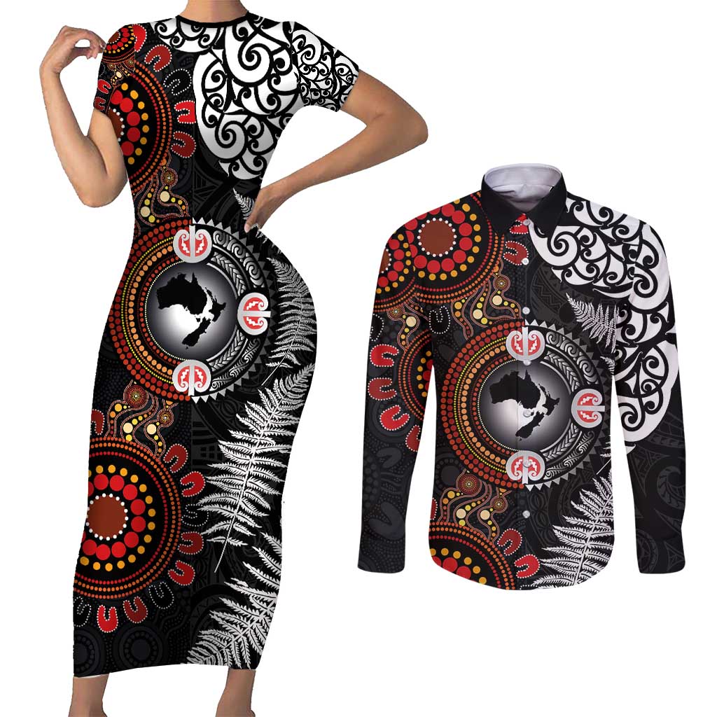 Australia and New Zealand Together Couples Matching Short Sleeve Bodycon Dress and Long Sleeve Button Shirt Aboriginal and Maori Art Tattoo