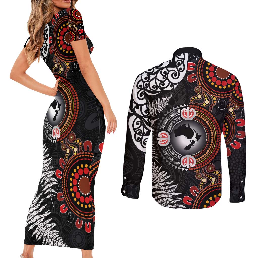 Australia and New Zealand Together Couples Matching Short Sleeve Bodycon Dress and Long Sleeve Button Shirt Aboriginal and Maori Art Tattoo