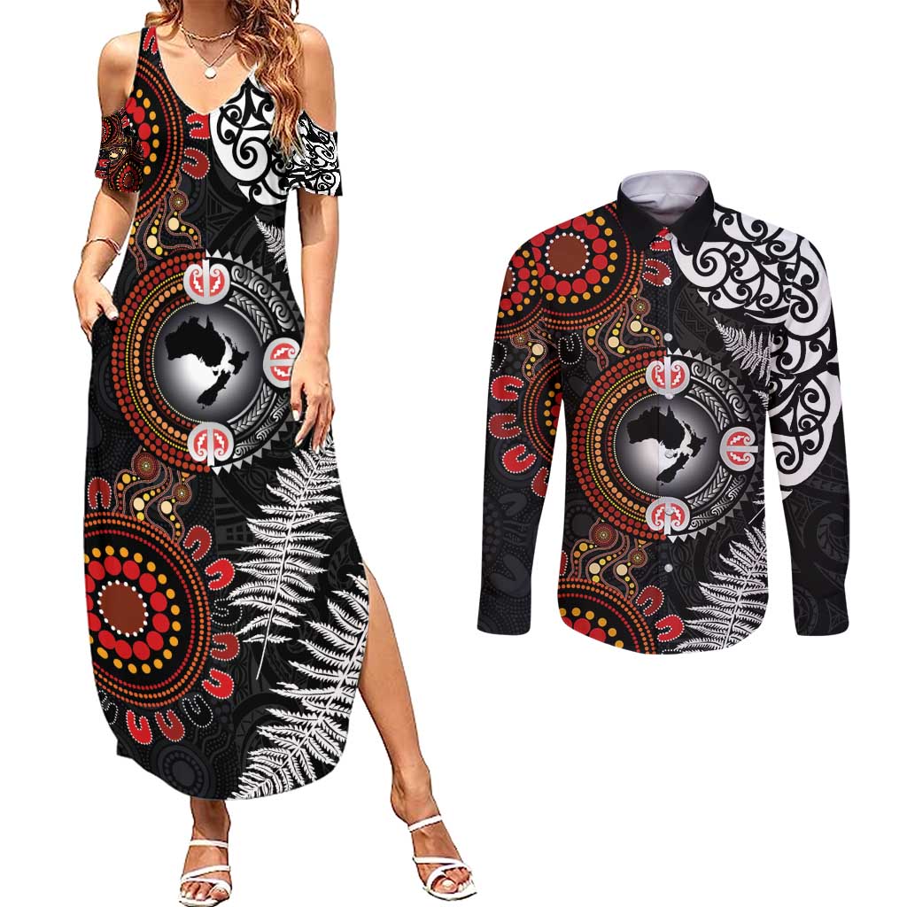 Australia and New Zealand Together Couples Matching Summer Maxi Dress and Long Sleeve Button Shirt Aboriginal and Maori Art Tattoo