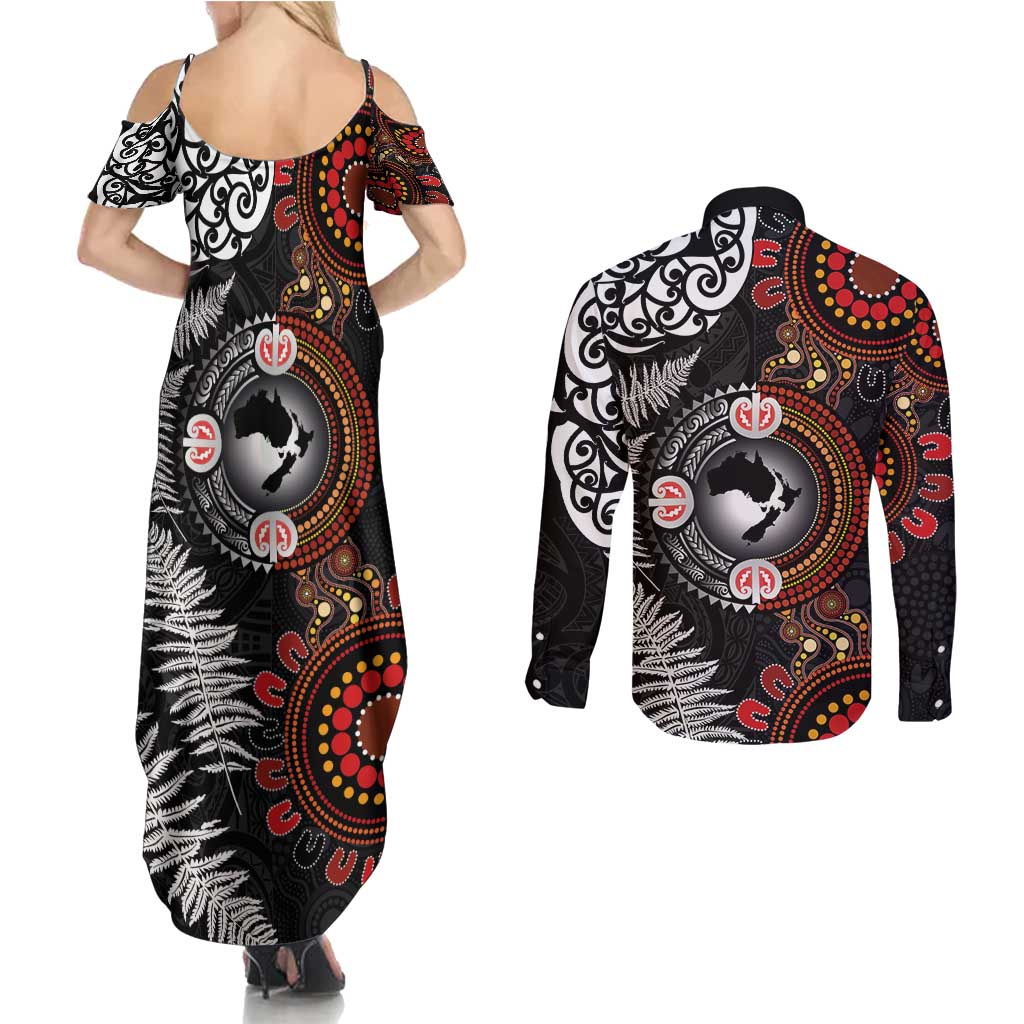 Australia and New Zealand Together Couples Matching Summer Maxi Dress and Long Sleeve Button Shirt Aboriginal and Maori Art Tattoo