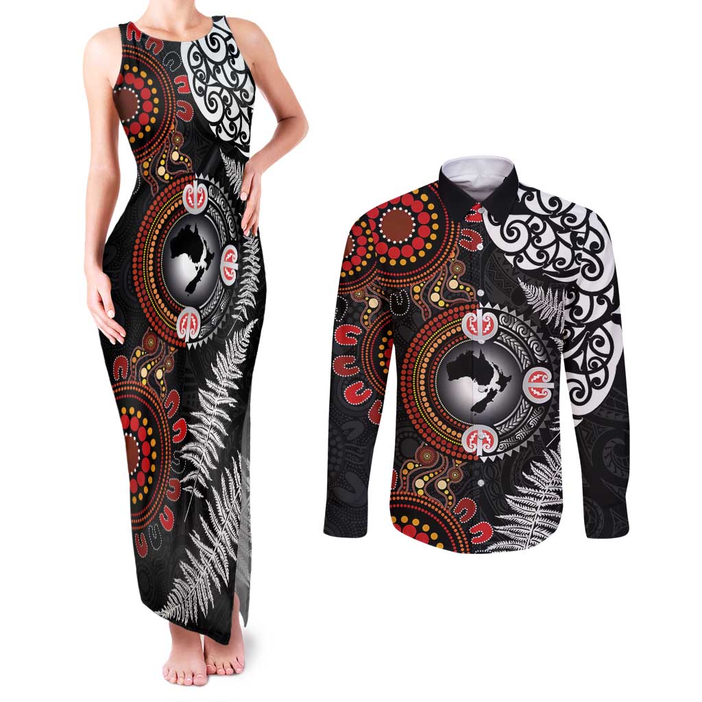 Australia and New Zealand Together Couples Matching Tank Maxi Dress and Long Sleeve Button Shirt Aboriginal and Maori Art Tattoo