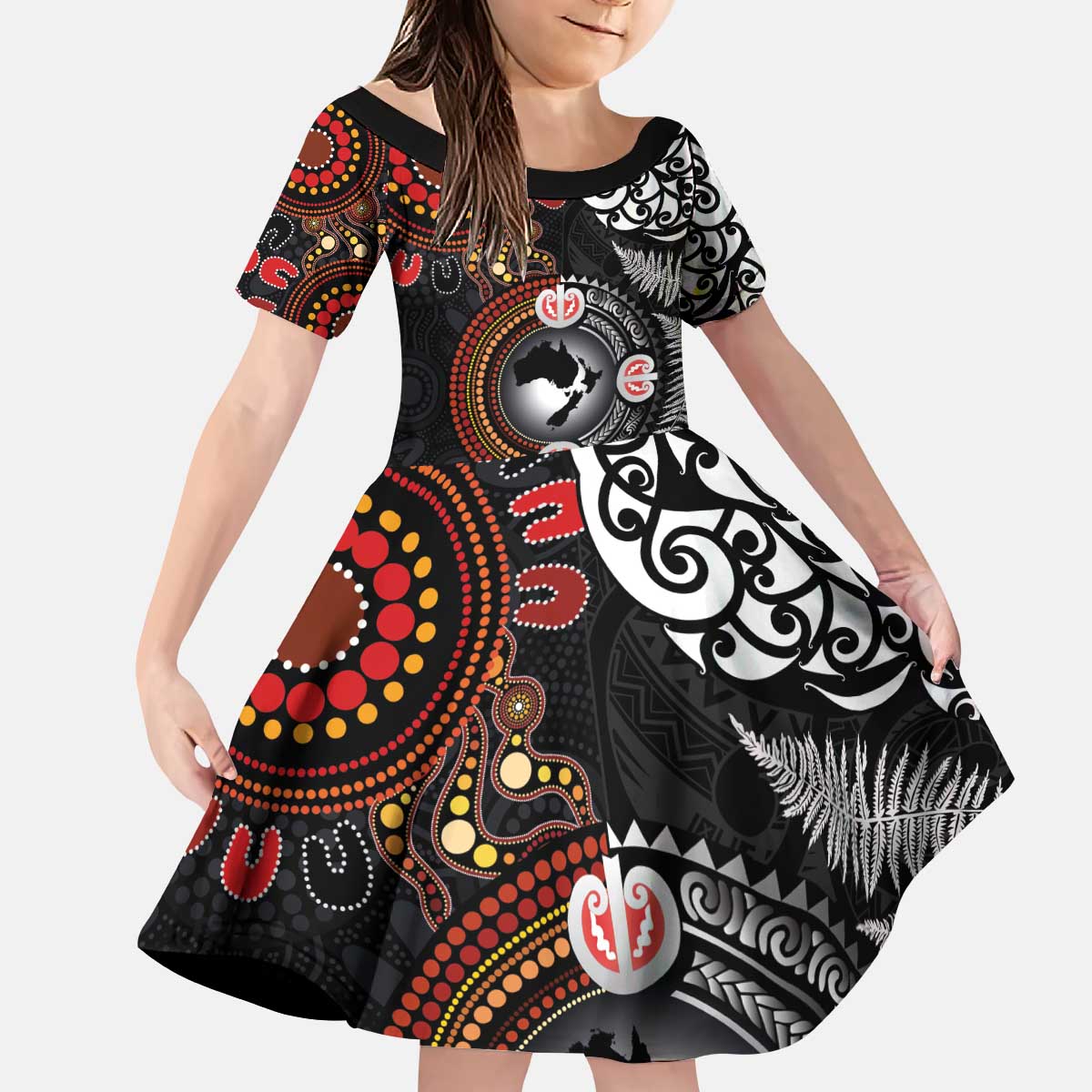 Australia and New Zealand Together Kid Short Sleeve Dress Aboriginal and Maori Art Tattoo