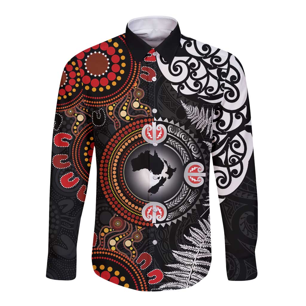 Australia and New Zealand Together Long Sleeve Button Shirt Aboriginal and Maori Art Tattoo