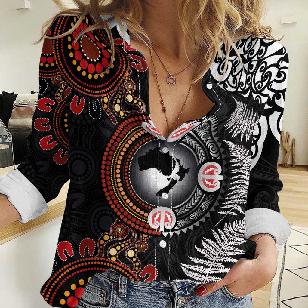 Australia and New Zealand Together Women Casual Shirt Aboriginal and Maori Art Tattoo LT03 Female Black - Polynesian Pride