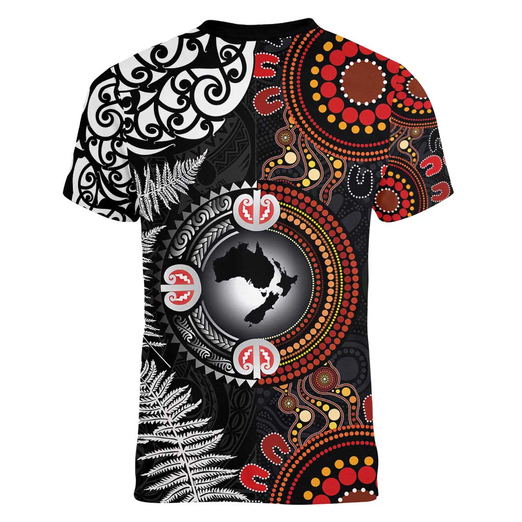 Australia and New Zealand Together Women V-Neck T-Shirt Aboriginal and Maori Art Tattoo