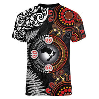 Australia and New Zealand Together Women V-Neck T-Shirt Aboriginal and Maori Art Tattoo