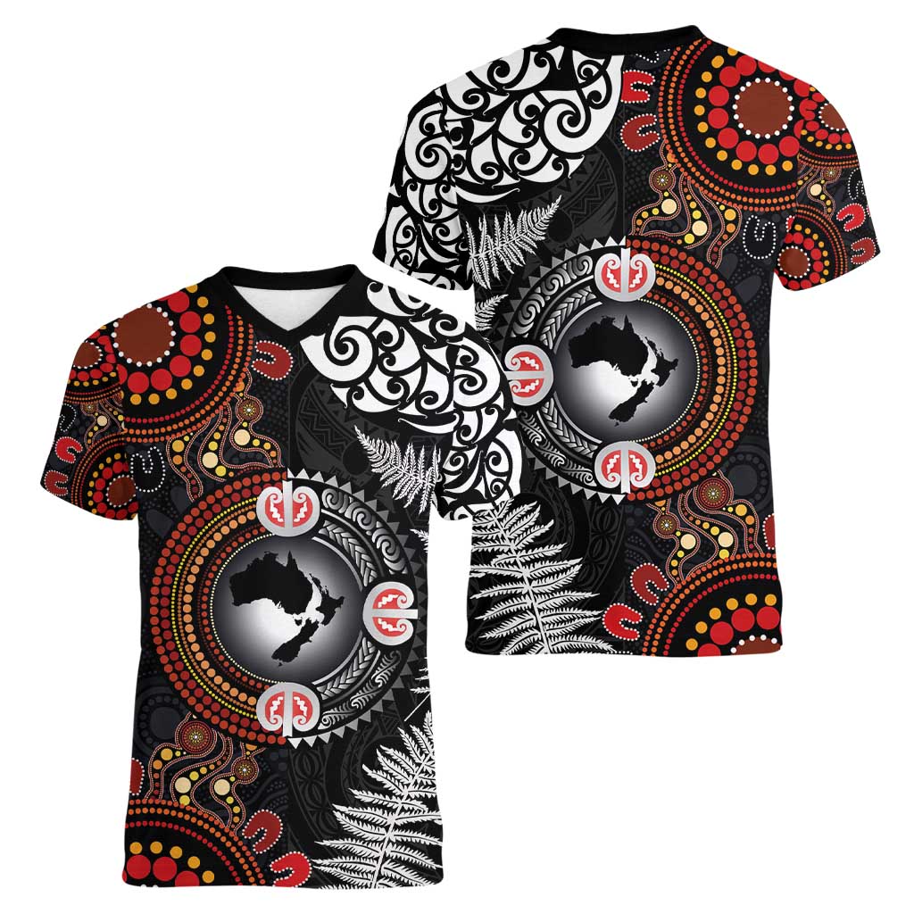 Australia and New Zealand Together Women V-Neck T-Shirt Aboriginal and Maori Art Tattoo