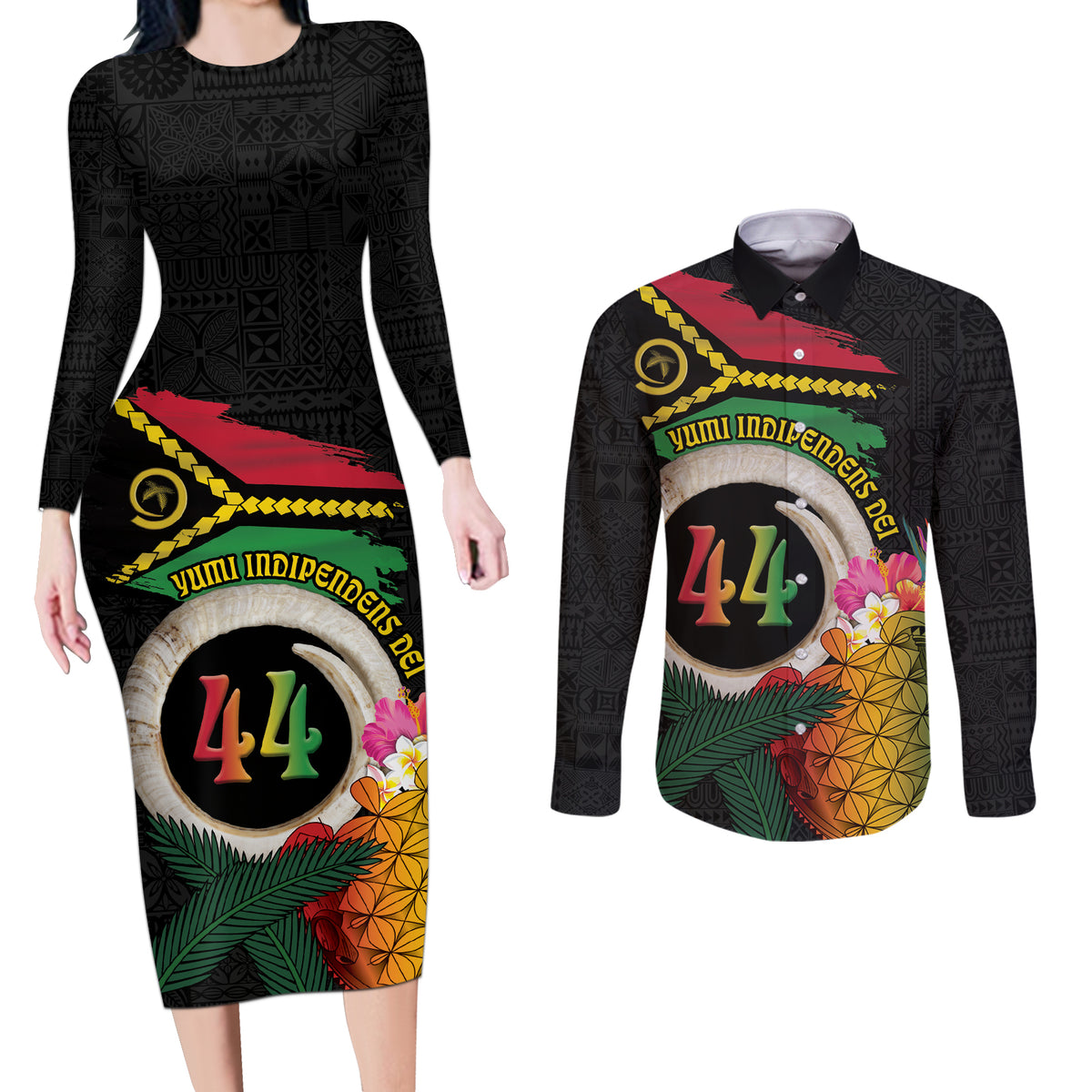 Vanuatu Selebretem 44th Indipendens Dei Couples Matching Long Sleeve Bodycon Dress and Long Sleeve Button Shirt Sand Drawing Turtle Melanesian Vibes LT03 Black - Polynesian Pride