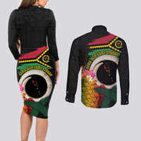 Vanuatu Selebretem 44th Indipendens Dei Couples Matching Long Sleeve Bodycon Dress and Long Sleeve Button Shirt Sand Drawing Turtle Melanesian Vibes LT03 - Polynesian Pride