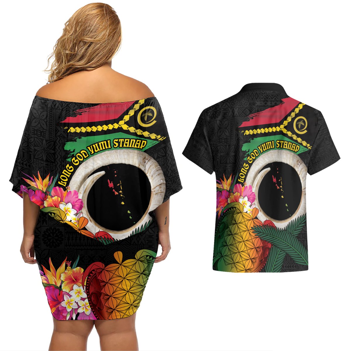 Vanuatu Selebretem 44th Indipendens Dei Couples Matching Off Shoulder Short Dress and Hawaiian Shirt Sand Drawing Turtle Melanesian Vibes LT03 - Polynesian Pride