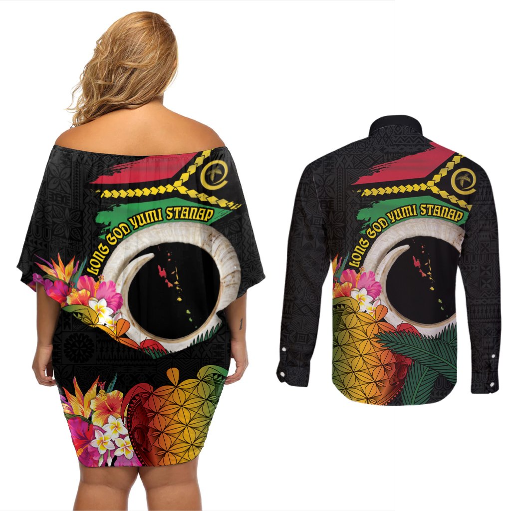 Vanuatu Selebretem 44th Indipendens Dei Couples Matching Off Shoulder Short Dress and Long Sleeve Button Shirt Sand Drawing Turtle Melanesian Vibes LT03 - Polynesian Pride