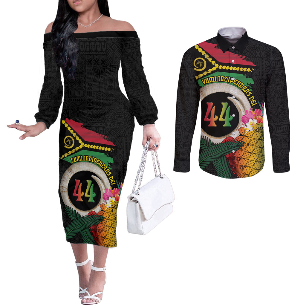 Vanuatu Selebretem 44th Indipendens Dei Couples Matching Off The Shoulder Long Sleeve Dress and Long Sleeve Button Shirt Sand Drawing Turtle Melanesian Vibes LT03 Black - Polynesian Pride