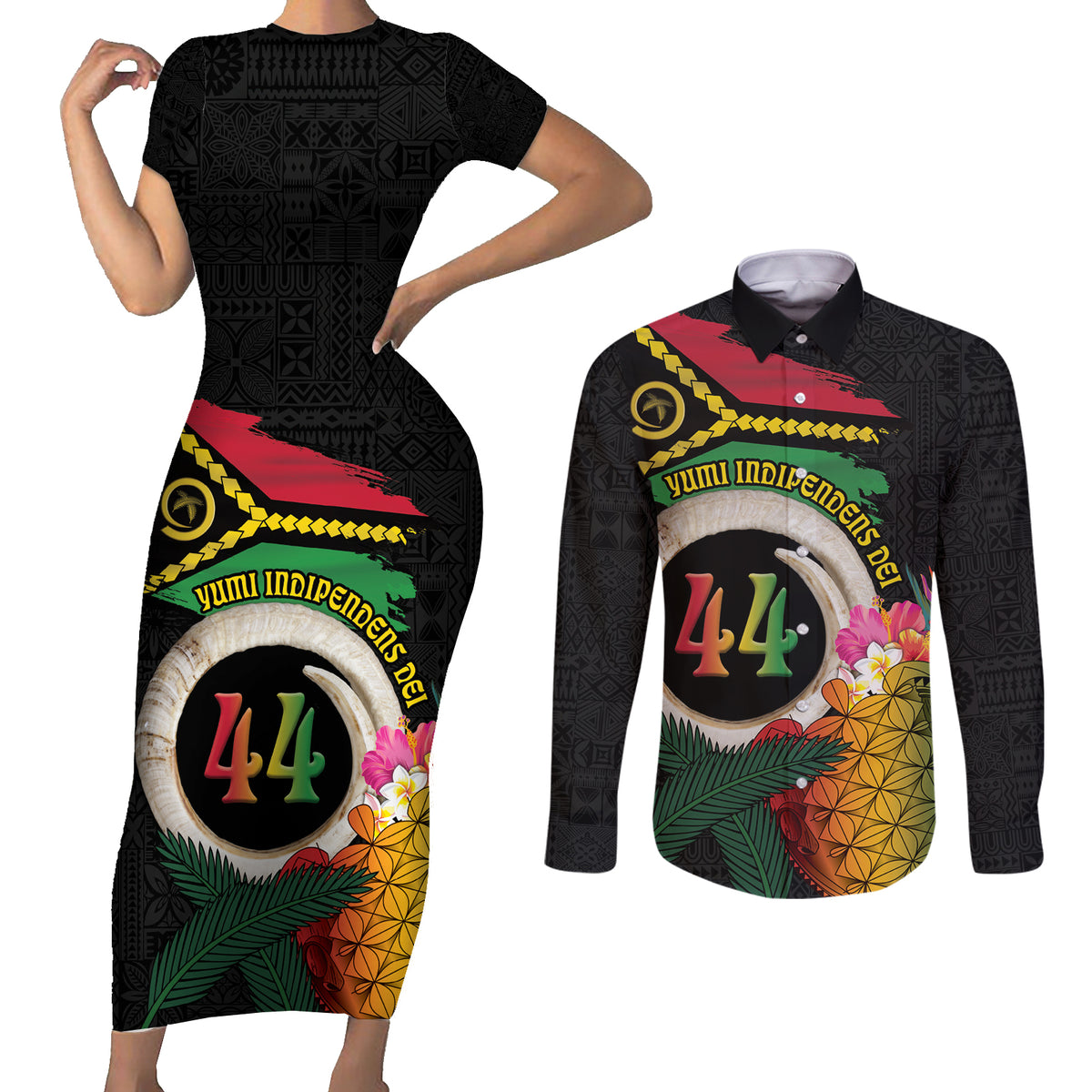 Vanuatu Selebretem 44th Indipendens Dei Couples Matching Short Sleeve Bodycon Dress and Long Sleeve Button Shirt Sand Drawing Turtle Melanesian Vibes LT03 Black - Polynesian Pride