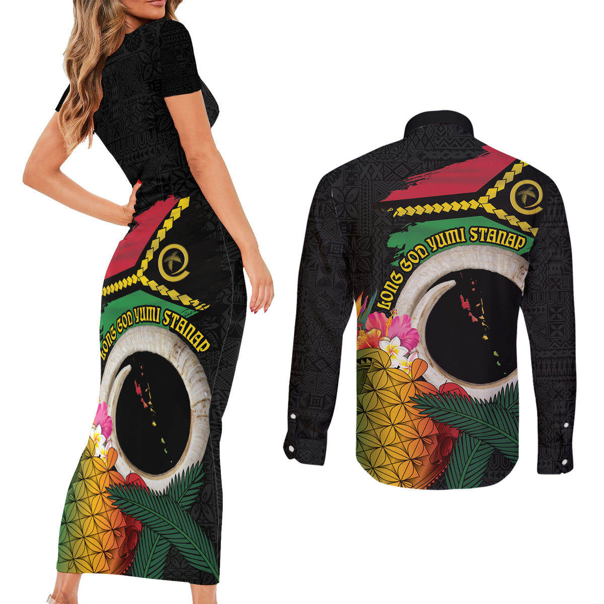 Vanuatu Selebretem 44th Indipendens Dei Couples Matching Short Sleeve Bodycon Dress and Long Sleeve Button Shirt Sand Drawing Turtle Melanesian Vibes LT03 - Polynesian Pride