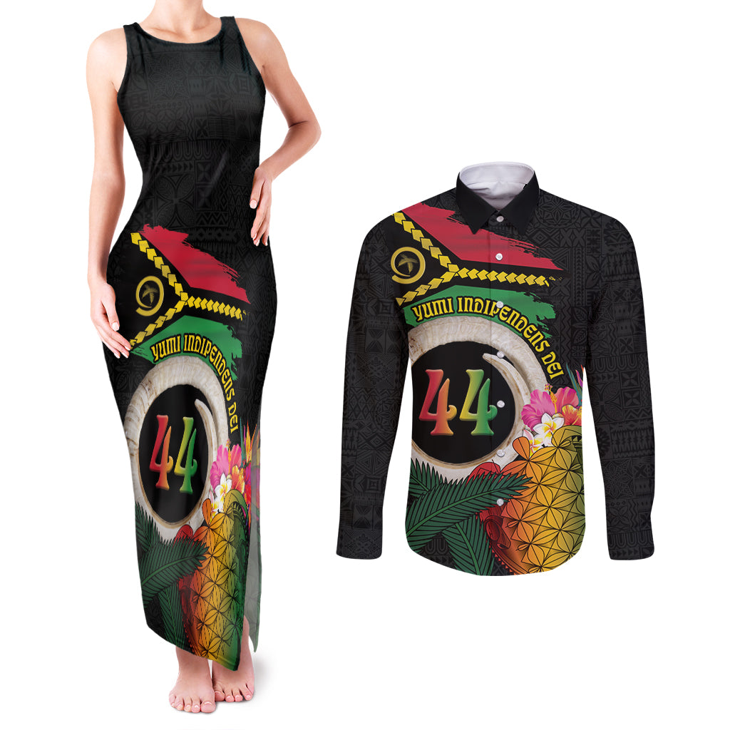 Vanuatu Selebretem 44th Indipendens Dei Couples Matching Tank Maxi Dress and Long Sleeve Button Shirt Sand Drawing Turtle Melanesian Vibes LT03 Black - Polynesian Pride