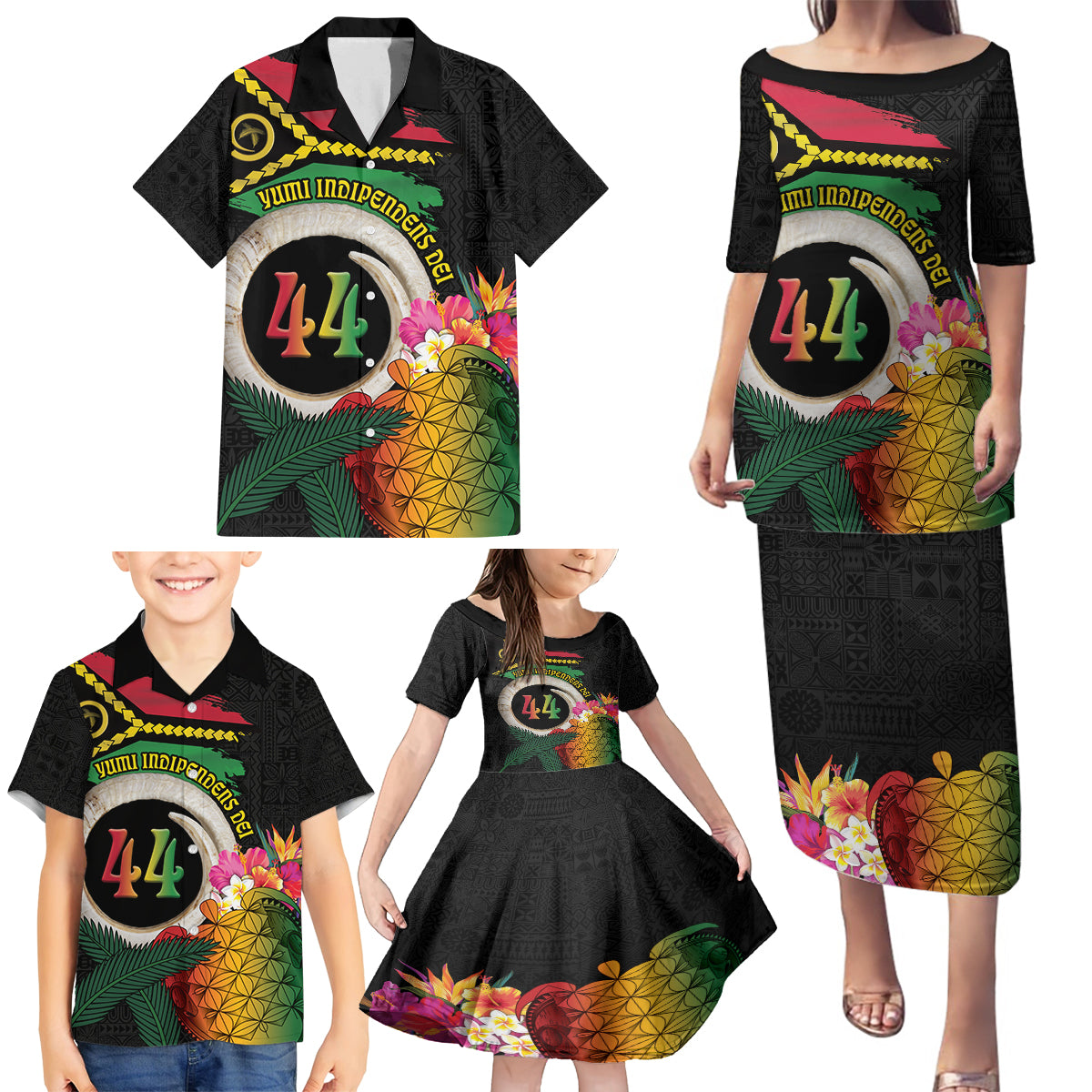 Vanuatu Selebretem 44th Indipendens Dei Family Matching Puletasi and Hawaiian Shirt Sand Drawing Turtle Melanesian Vibes LT03 - Polynesian Pride