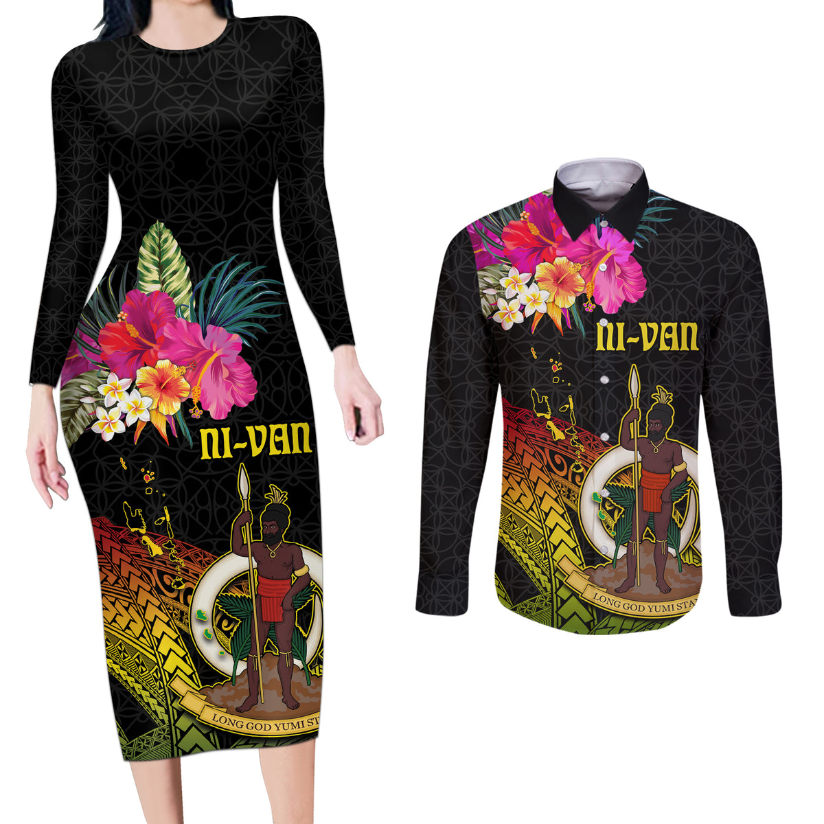 Vanuatu Ni-Van Couples Matching Long Sleeve Bodycon Dress and Long Sleeve Button Shirt Coat of Arms Sand Drawing LT03 Black - Polynesian Pride