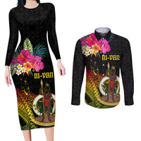 Vanuatu Ni-Van Couples Matching Long Sleeve Bodycon Dress and Long Sleeve Button Shirt Coat of Arms Sand Drawing LT03 Black - Polynesian Pride