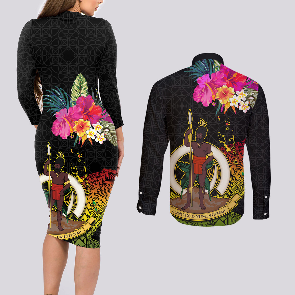 Vanuatu Ni-Van Couples Matching Long Sleeve Bodycon Dress and Long Sleeve Button Shirt Coat of Arms Sand Drawing LT03 - Polynesian Pride