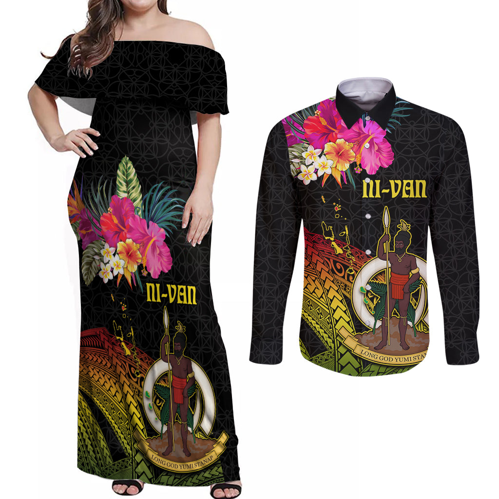 Vanuatu Ni-Van Couples Matching Off Shoulder Maxi Dress and Long Sleeve Button Shirt Coat of Arms Sand Drawing LT03 Black - Polynesian Pride