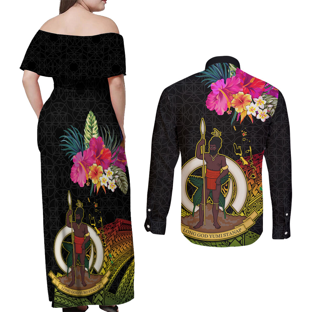 Vanuatu Ni-Van Couples Matching Off Shoulder Maxi Dress and Long Sleeve Button Shirt Coat of Arms Sand Drawing LT03 - Polynesian Pride
