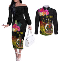 Vanuatu Ni-Van Couples Matching Off The Shoulder Long Sleeve Dress and Long Sleeve Button Shirt Coat of Arms Sand Drawing LT03 Black - Polynesian Pride