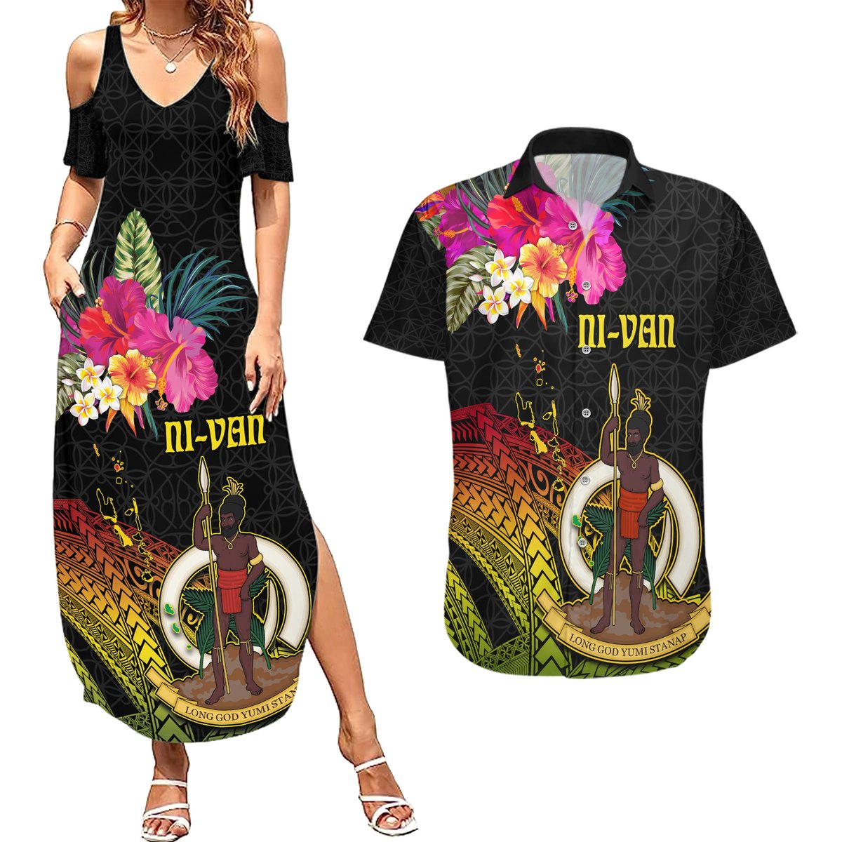 Vanuatu Ni-Van Couples Matching Summer Maxi Dress and Hawaiian Shirt Coat of Arms Sand Drawing LT03 Black - Polynesian Pride
