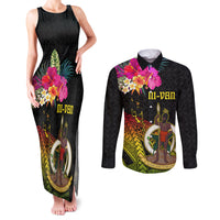 Vanuatu Ni-Van Couples Matching Tank Maxi Dress and Long Sleeve Button Shirt Coat of Arms Sand Drawing LT03 Black - Polynesian Pride