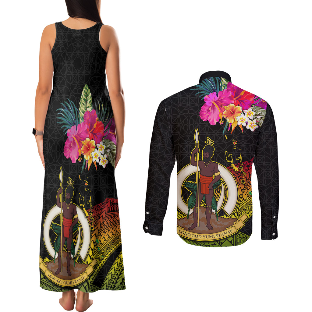 Vanuatu Ni-Van Couples Matching Tank Maxi Dress and Long Sleeve Button Shirt Coat of Arms Sand Drawing LT03 - Polynesian Pride