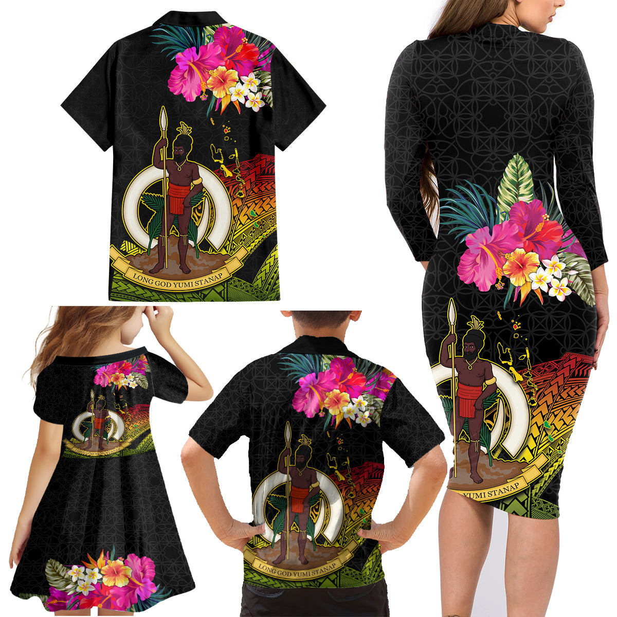 Vanuatu Ni-Van Family Matching Long Sleeve Bodycon Dress and Hawaiian Shirt Coat of Arms Sand Drawing