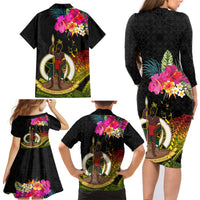 Vanuatu Ni-Van Family Matching Long Sleeve Bodycon Dress and Hawaiian Shirt Coat of Arms Sand Drawing