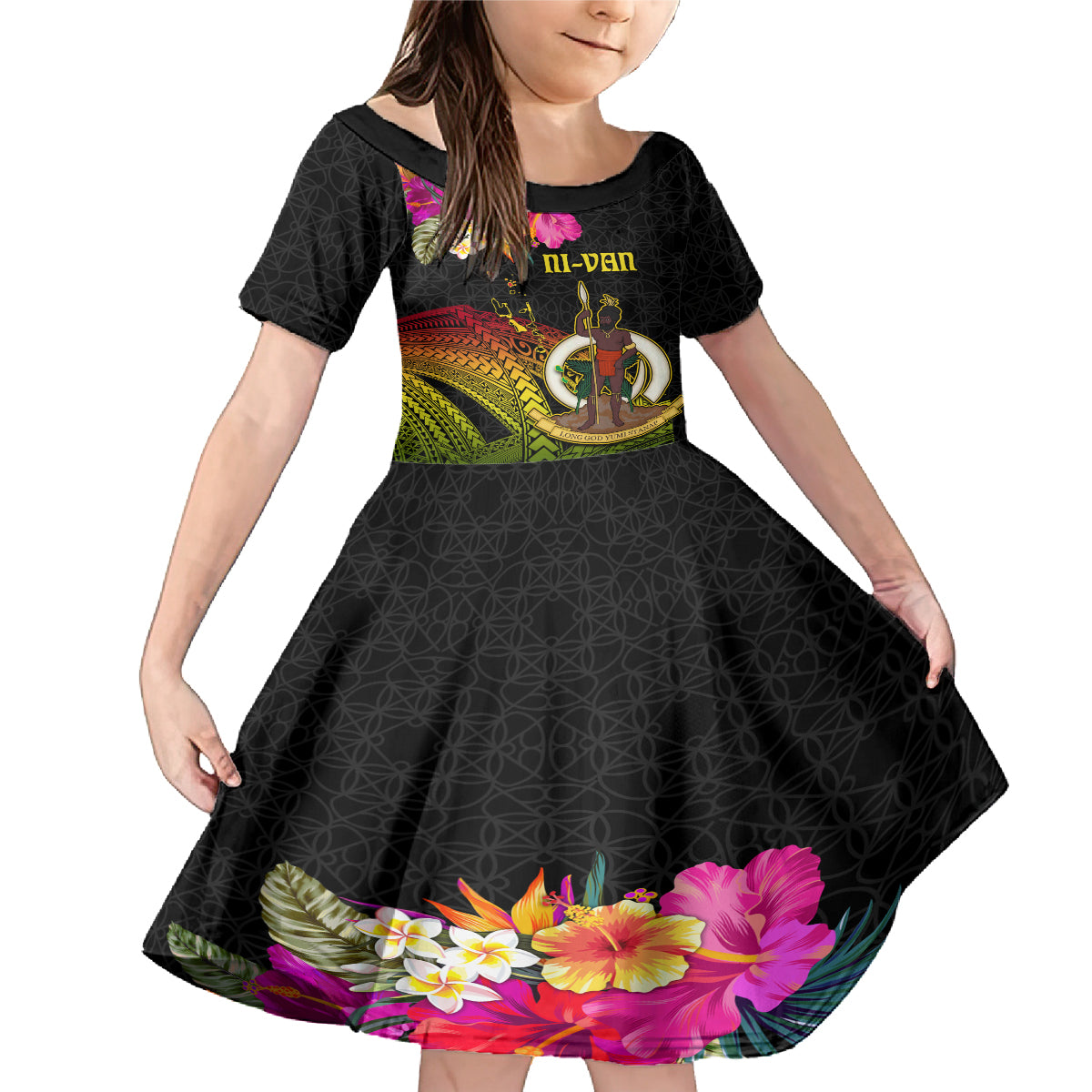 Vanuatu Ni-Van Family Matching Mermaid Dress and Hawaiian Shirt Coat of Arms Sand Drawing LT03 Daughter's Dress Black - Polynesian Pride