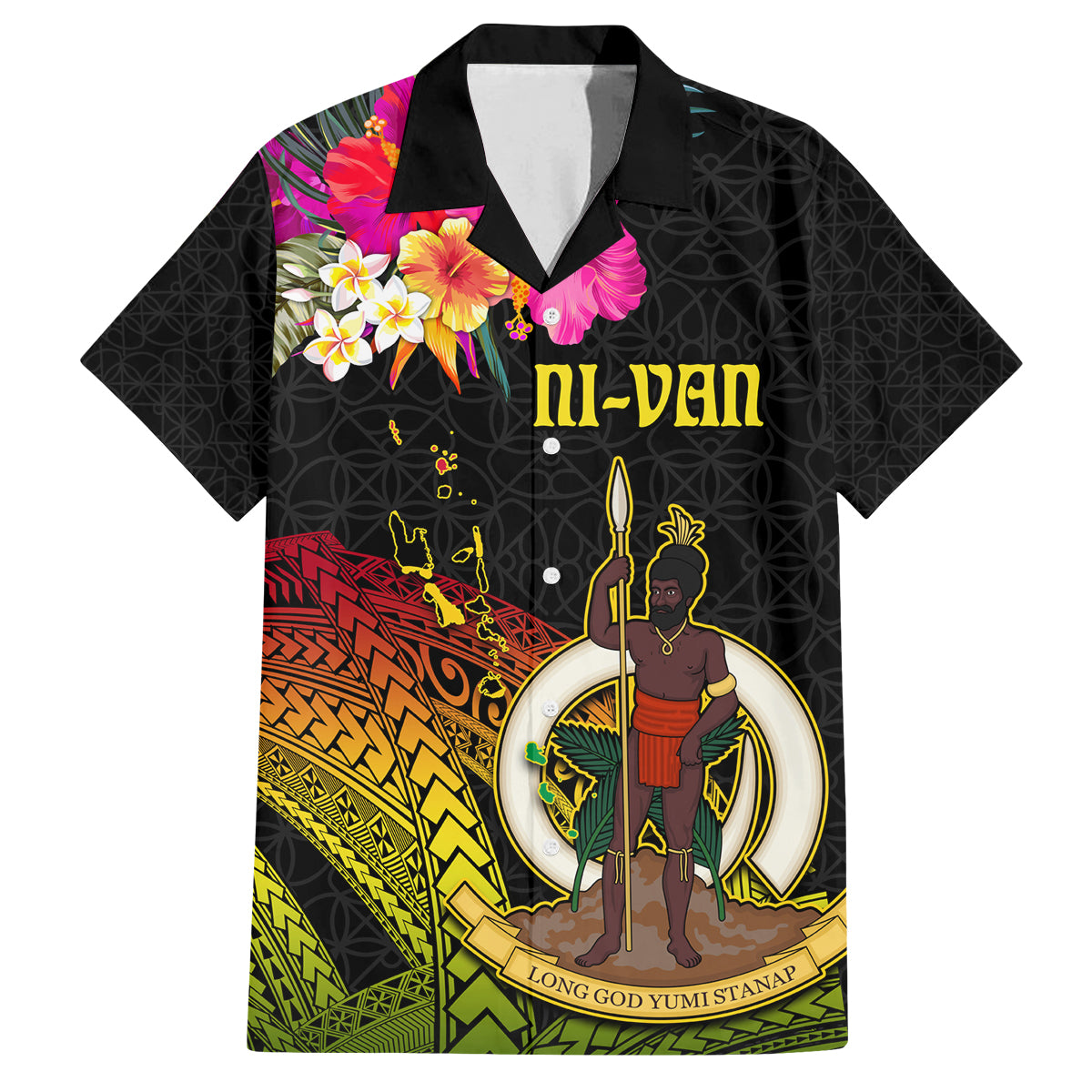 Vanuatu Ni-Van Family Matching Off Shoulder Short Dress and Hawaiian Shirt Coat of Arms Sand Drawing LT03 Dad's Shirt - Short Sleeve Black - Polynesian Pride