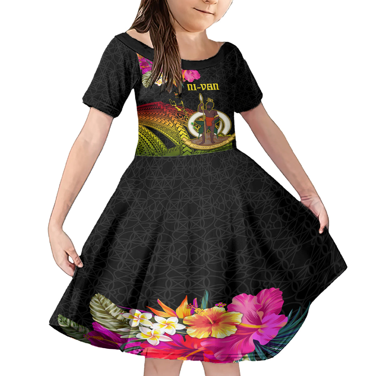 Vanuatu Ni-Van Family Matching Short Sleeve Bodycon Dress and Hawaiian Shirt Coat of Arms Sand Drawing LT03 Daughter's Dress Black - Polynesian Pride