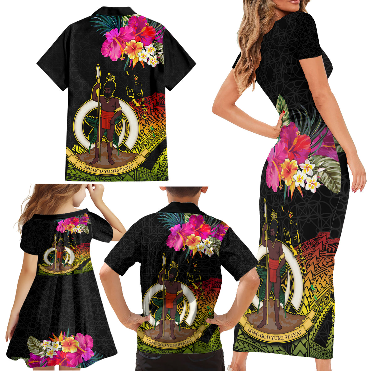 Vanuatu Ni-Van Family Matching Short Sleeve Bodycon Dress and Hawaiian Shirt Coat of Arms Sand Drawing LT03 - Polynesian Pride