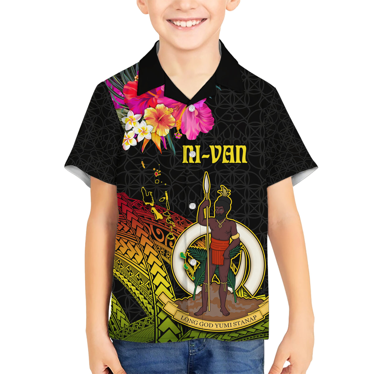 Vanuatu Ni-Van Family Matching Short Sleeve Bodycon Dress and Hawaiian Shirt Coat of Arms Sand Drawing LT03 Son's Shirt Black - Polynesian Pride