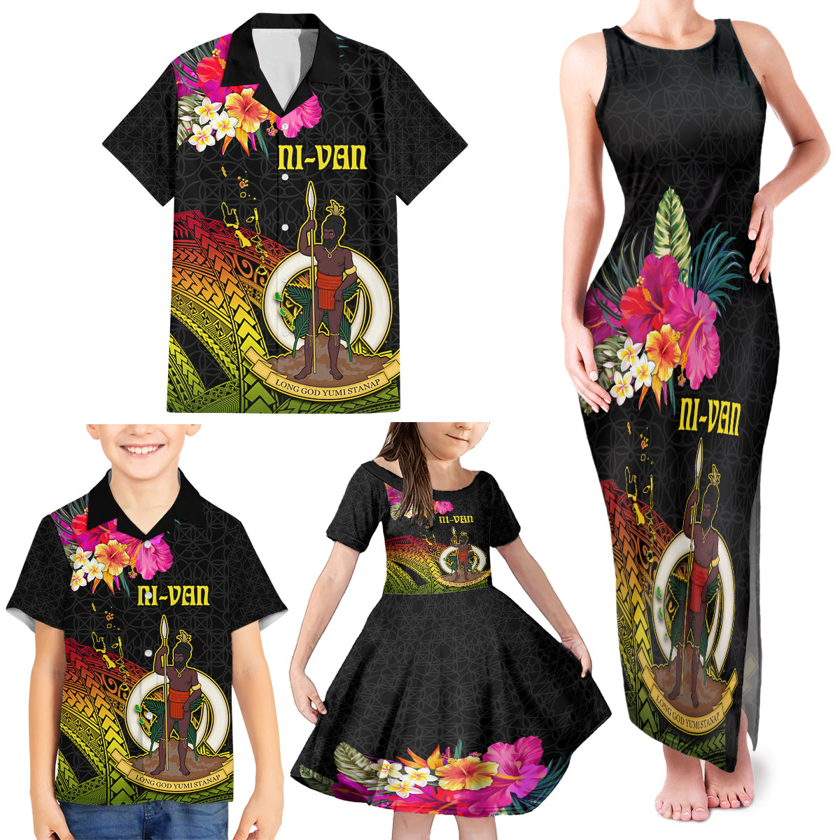 Vanuatu Ni-Van Family Matching Tank Maxi Dress and Hawaiian Shirt Coat of Arms Sand Drawing LT03 - Polynesian Pride