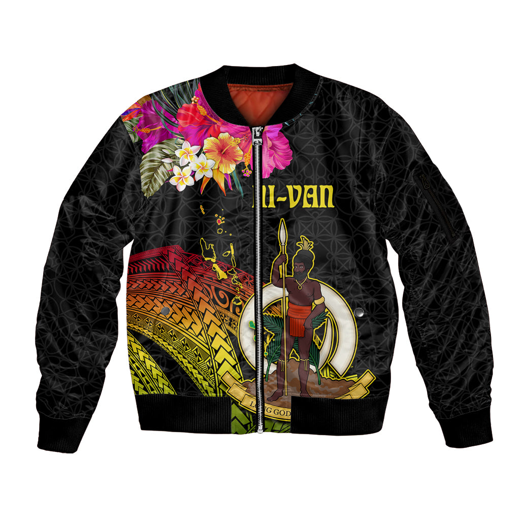 Vanuatu Ni-Van Sleeve Zip Bomber Jacket Coat of Arms Sand Drawing