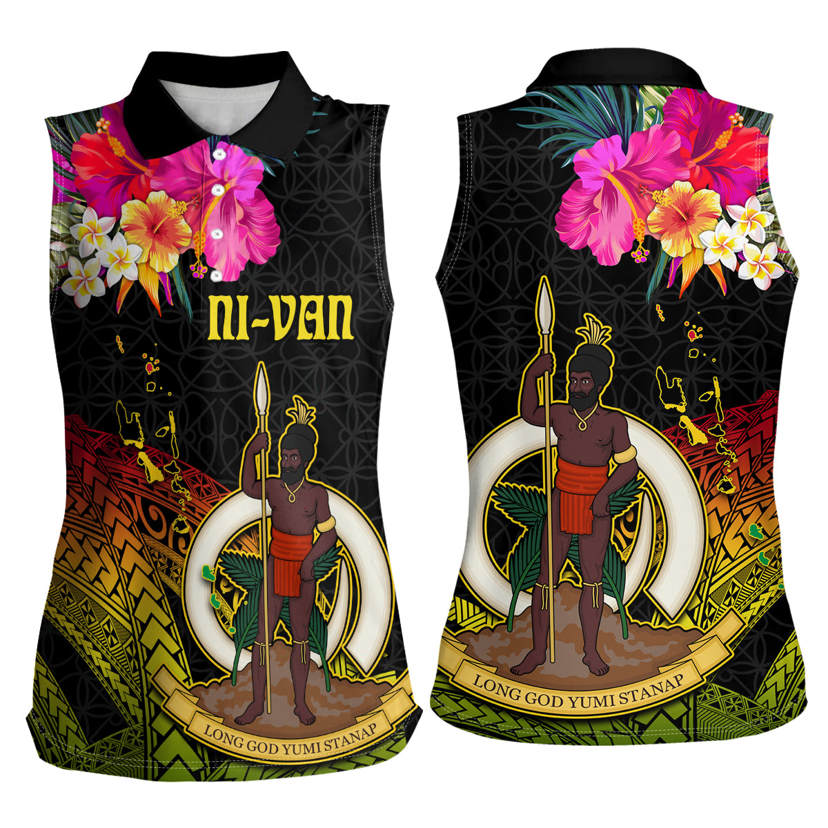 Vanuatu Ni-Van Women Sleeveless Polo Shirt Coat of Arms Sand Drawing LT03 - Polynesian Pride
