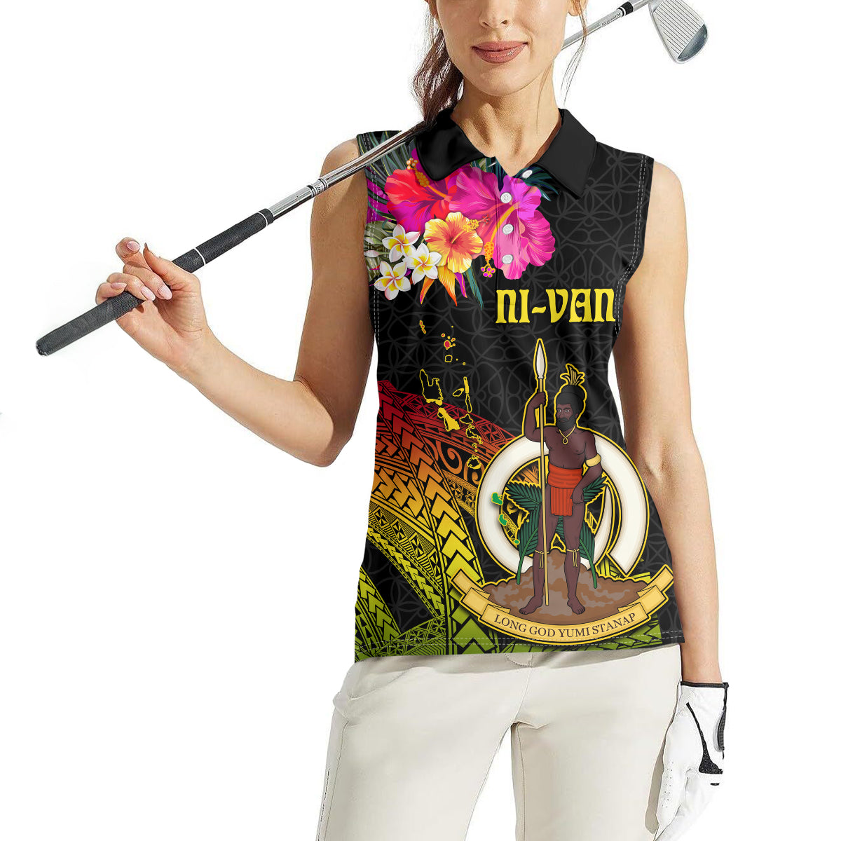 Vanuatu Ni-Van Women Sleeveless Polo Shirt Coat of Arms Sand Drawing LT03 - Polynesian Pride