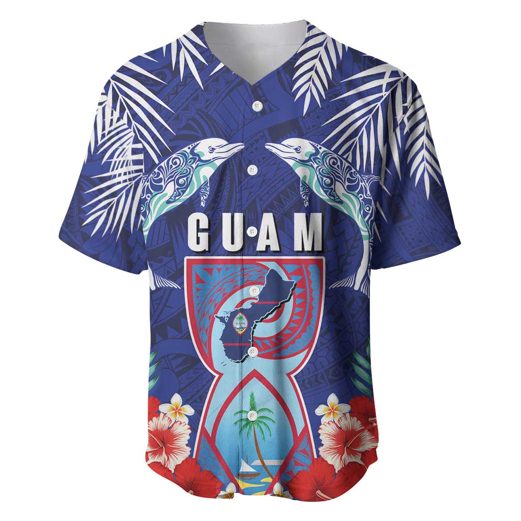 Guam Liberation Day Baseball Jersey The Tribal Latte Stone and Dolphins with Hibiscus Chamorro Culture