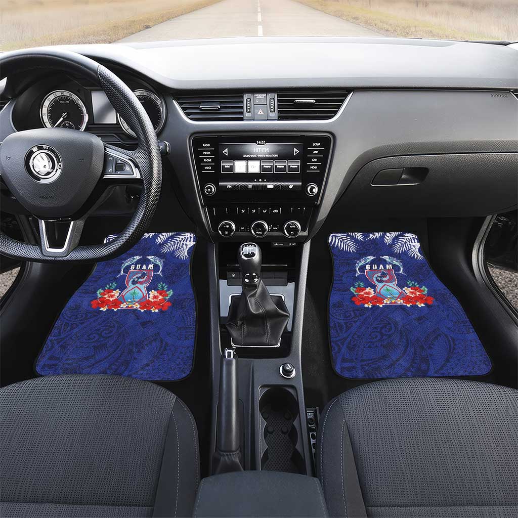 Guam Liberation Day Car Mats The Tribal Latte Stone and Dolphins with Hibiscus Chamorro Culture LT03 Set 2pcs - Front Blue - Polynesian Pride