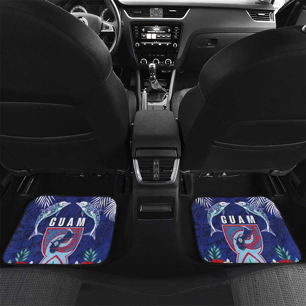 Guam Liberation Day Car Mats The Tribal Latte Stone and Dolphins with Hibiscus Chamorro Culture LT03 Set 2pcs - Back Blue - Polynesian Pride