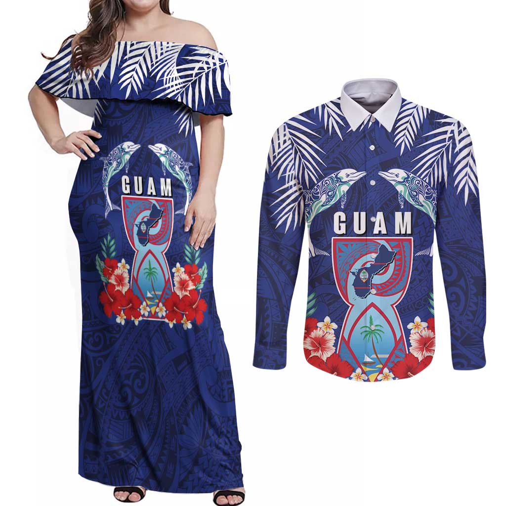 Guam Liberation Day Couples Matching Off Shoulder Maxi Dress and Long Sleeve Button Shirt The Tribal Latte Stone and Dolphins with Hibiscus Chamorro Culture