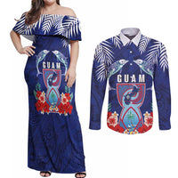 Guam Liberation Day Couples Matching Off Shoulder Maxi Dress and Long Sleeve Button Shirt The Tribal Latte Stone and Dolphins with Hibiscus Chamorro Culture