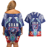 Guam Liberation Day Couples Matching Off Shoulder Short Dress and Hawaiian Shirt The Tribal Latte Stone and Dolphins with Hibiscus Chamorro Culture