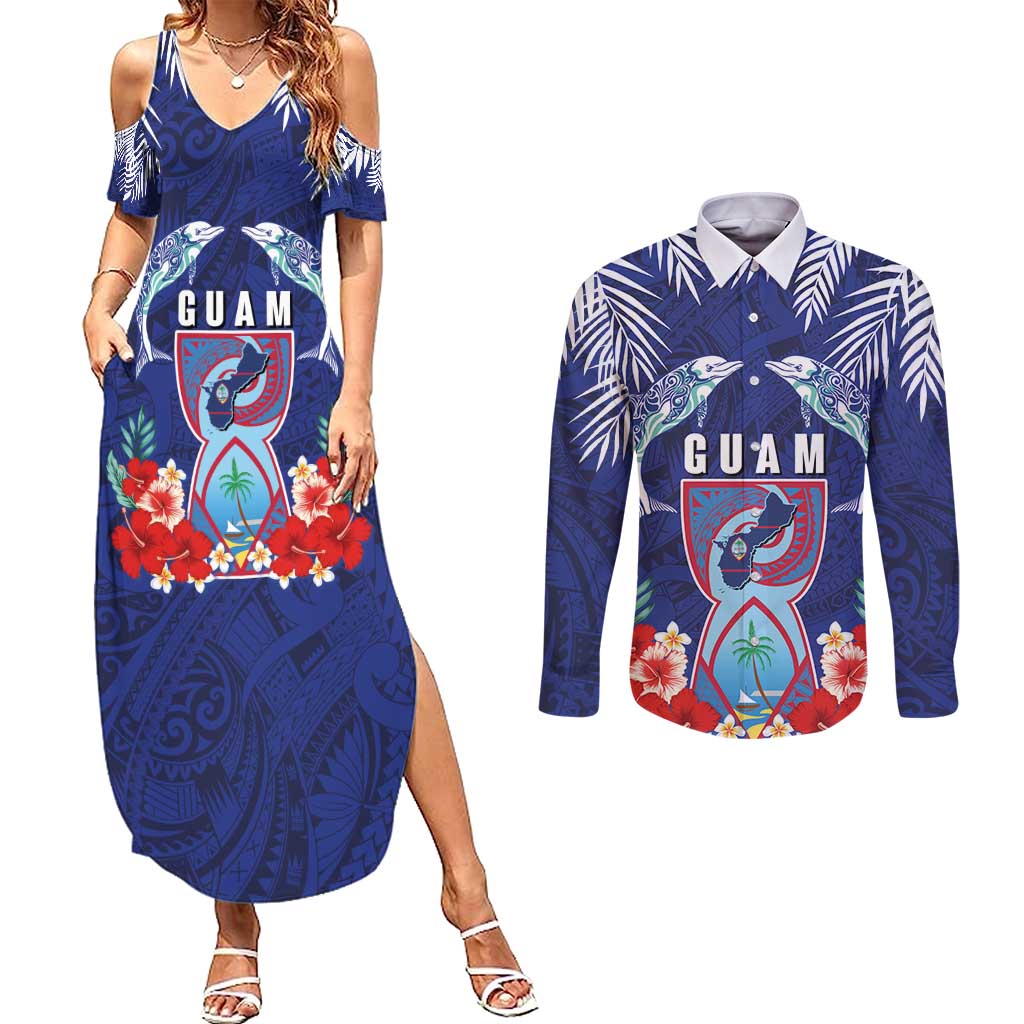 Guam Liberation Day Couples Matching Summer Maxi Dress and Long Sleeve Button Shirt The Tribal Latte Stone and Dolphins with Hibiscus Chamorro Culture